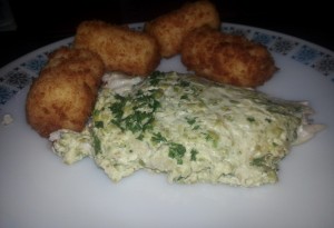 Pea and Mint Sea Bream Fillets (with a cool Crème Fraiche and a touch of lemon) with Cheddar Cheese Croquettes