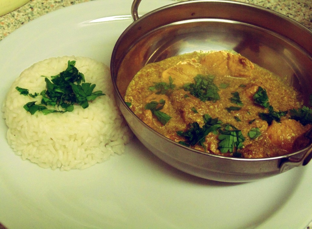 Saira Hamilton's Chicken Bhuna presented with boiled rice and a sprinkle of Parsley