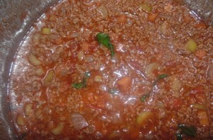 The Bolognese Sauce bubbling in the pan before the pasta is added