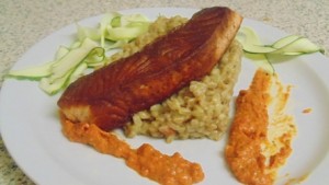 Pan Fried Salmon, Courgette Ribbons, Roasted Red Pepper Pesto and Creamy Spelt