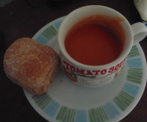 Mediterranean Roasted Red Pepper and Tomato Soup served with a Bread Roll
