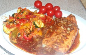 Soy, Chilli and Ginger Trout With A Summer Ragu Served with Vine Cherry Tomatoes