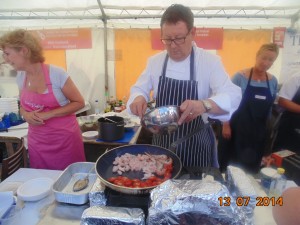 Chef Dudley Newbury from S4C and BBC Wales cooking food for Greg and I