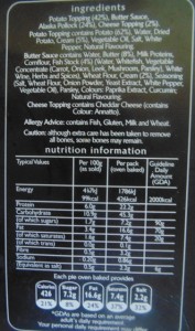 Young's Ocean Pie Ingredients List and the Nutritional Information