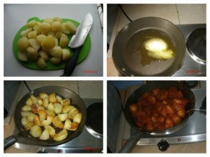 The process of cooking the potatoes for Alice's Mid Week Piri Piri BBQ Chicken and Patatas Bravas