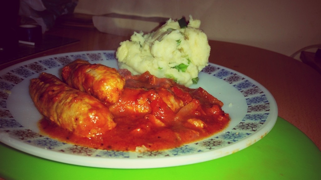 Stunning Spiced Sausage Stew served with Creamy Spring Onion Mashed Potatoes