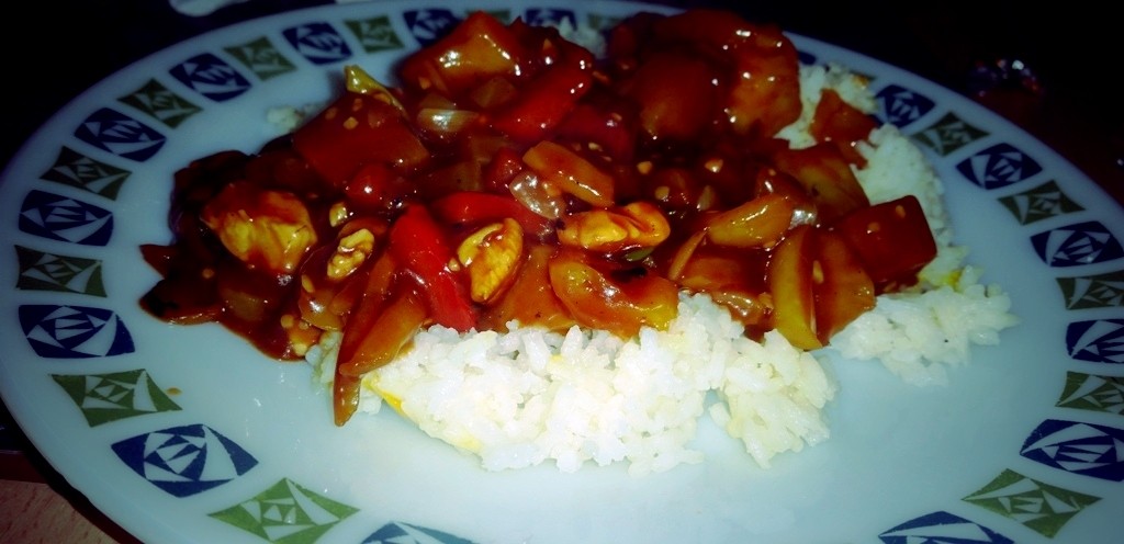 Speedy Sweet and Sour Chicken and Boiled Rice - Plated and Ready To Eat