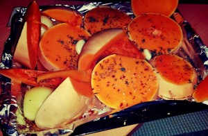 Spiced Butternut Squash Soup on a baking try with Onions, Garlic ,Chilli and Cumin