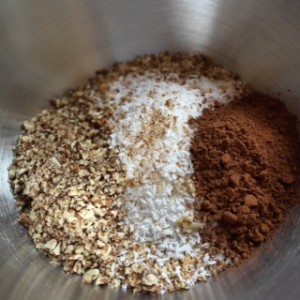 Melanie’s Food Adventures – Hedgehog Traybake - Biscuits, Desicated Coconut, Pecans and Cocoa Powder in a bowl