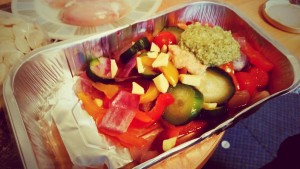 Foil Tray With The Roasted Vegetables, Pesto, Garlic and Ginger For Oven Roasted Chicken Breast with Orecchiette Pasta 