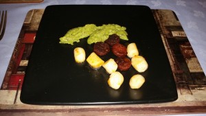 Dinner Party #2 – December 2014 - Starter - Pan Fried Scallops, Pea and Mint Pureé and Chorizo