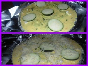 Topping the tart case with the egg mixture and the Courgettes for the Courgette, Saffron and Two Cheese Tart