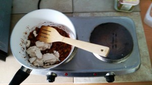 Adding the Cooked Chicken to the Smoked Paprika, Onions and Garlic for my Mystery Bag Meals – Chicken Stroganoff Pie