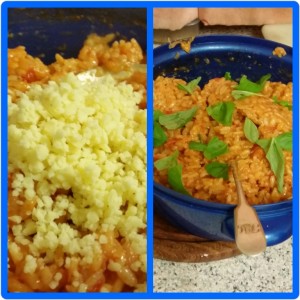 Homemade Microwaveable Tomato Risotto - Adding the hard Cheese, Basil and butter before serving