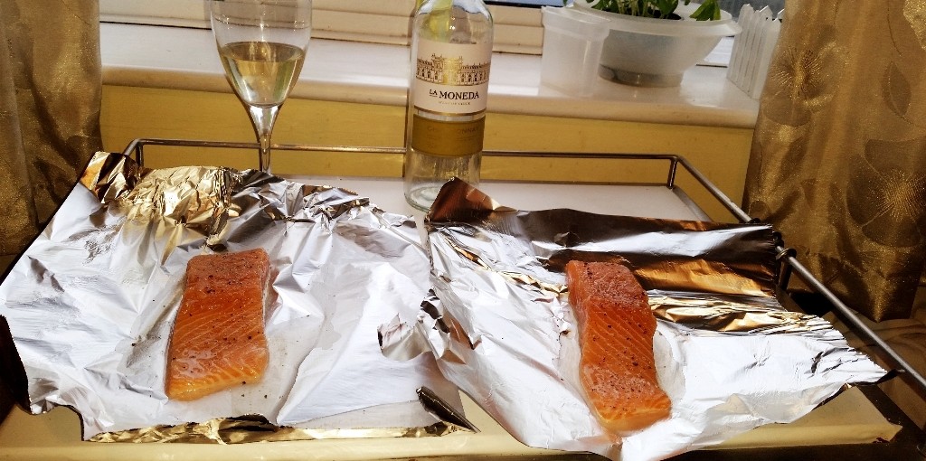 Salsa Steamed Salmon - The salmon on tin foil