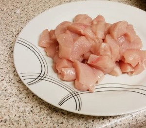 Strictly Suppers 2015 #8 – Tango Chicken and Homemade Chips, cut the chicken breasts in to small cubes