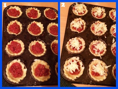 Mini Portable Pizza Pies - Filling the pastry cases and topping with cheese for the Chorizo Pies
