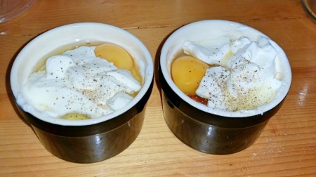 6 Nations of Food – Eggs in pots (oeufs en cocotte) - Adding another table spoon of Crème Fraîche and seasoning