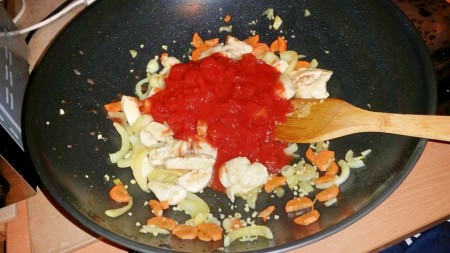 6 Nations of Food – Mediterranean Chicken and Cauliflower - Adding tinned tomatoes