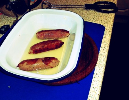 6 Nations of Food – Toad In The Hole, Champ and Onion Gravy - The sausages in the tin ready for the batter