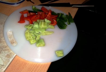 Mother's Day Gazpacho - Chopped up cucumber and peppers