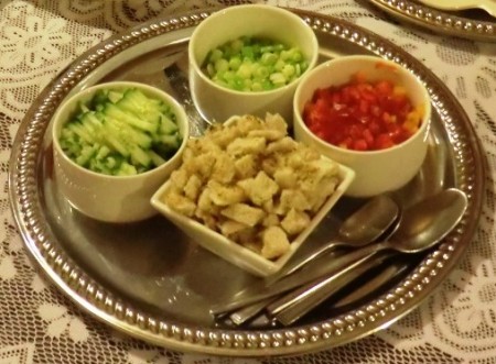 Mother's Day Gazpacho - Finely chop spring onions, cucumber and peppers for the garnish