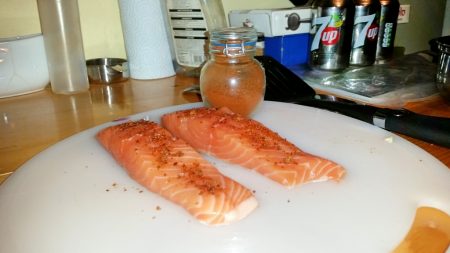 Cajun Salmon on a Mediterranean Sauce - Sprinkle the Cajun Powder over the salmon