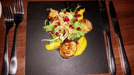 Caradog’s at the Ty Newydd - My mother and Greg's started of Scallops, curried parsnip, pomegranate dressing