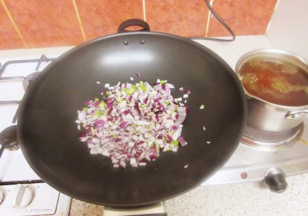 Theo Randall's Tomato Risotto - Adding the onion and celery to the Pan