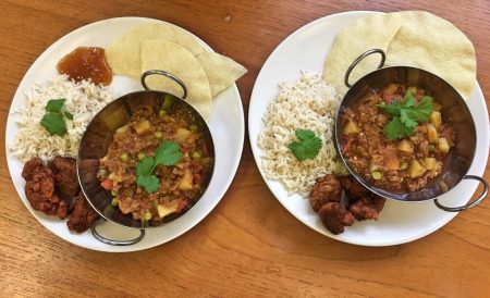 Quorn Keema Masala, boiled rice, poppadoms, pakoras and mango chutney for Gemma and I