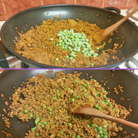 Adding the peas to the Quorn Keema Masala