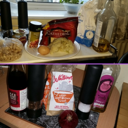 Ingredients for my Waste Not Want Not Wednesdays - Cauliflower Cheese Burger and Sticky Red Onion Chutney