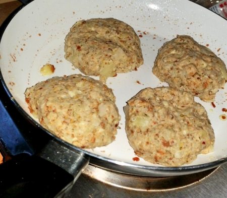 Frying the burgers for my Waste Not Want Not Wednesdays - Cauliflower Cheese Burger and Sticky Red Onion Chutney