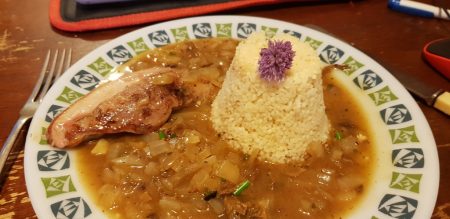 Pheasant in a Porcini Mushroom and White Wine Sauce with Aromat flavoured Couscous (with fresh chive flower)