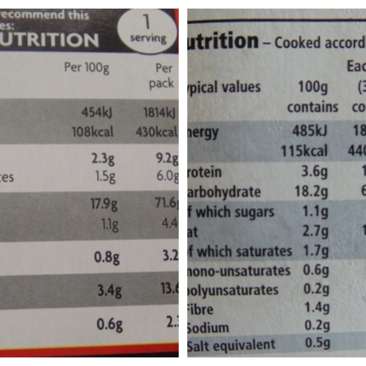 Ready Meal Monday - Comparison Between Asda (left) and Tesco (right) Macaroni Cheese Nutritional Information