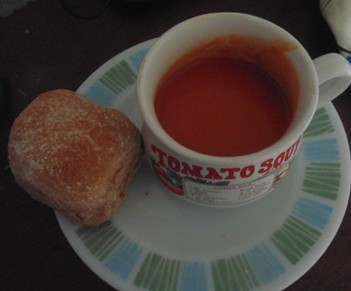 Mediterranean Roasted Red Pepper and Tomato Soup served with a Bread Roll