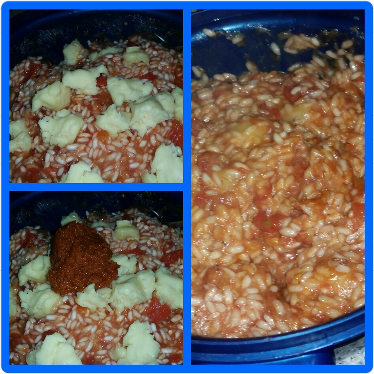 Homemade Microwaveable Tomato Risotto - Adding Caws Preseli Cheese and the Sun-dried Tomato Paste