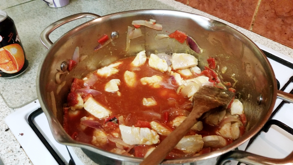 Strictly Suppers 2015 #8 – Tango Chicken and Homemade Chips, add the Passata and chicken stock and stir