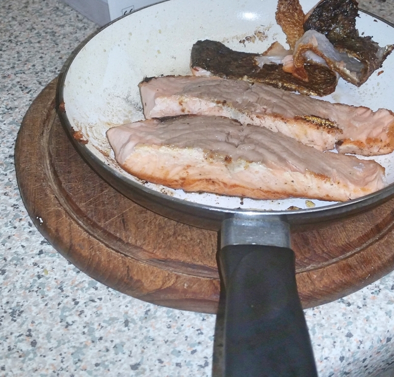 Cajun Salmon on a Mediterranean Sauce - When cooked, peel off the skin