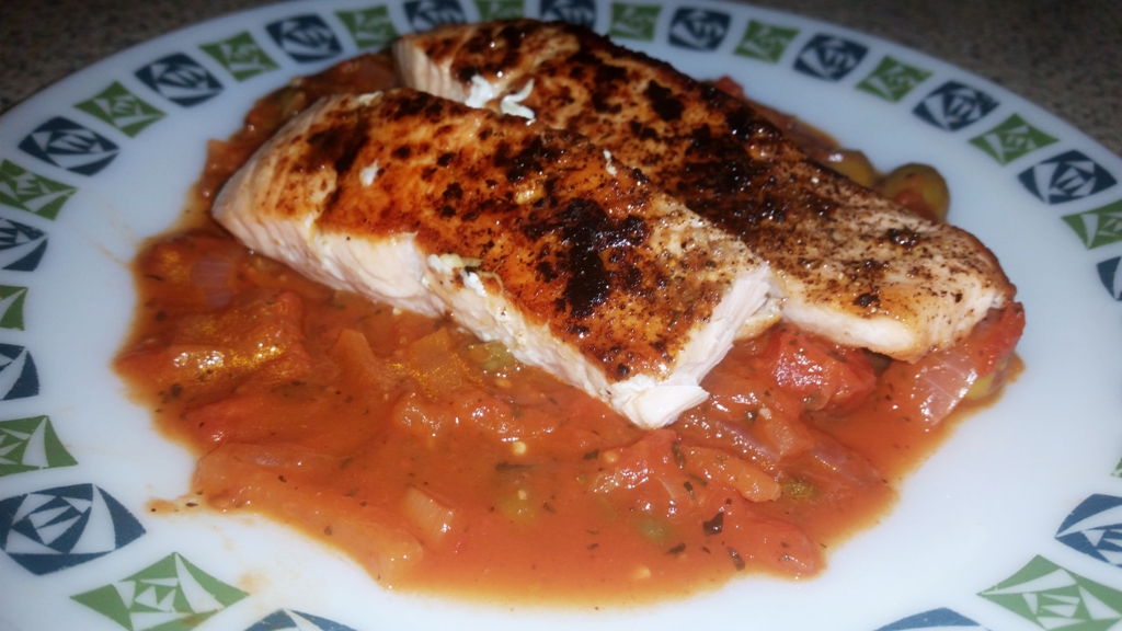 Cajun Salmon on a Mediterranean Sauce - The Salmon works lovely with the sauce