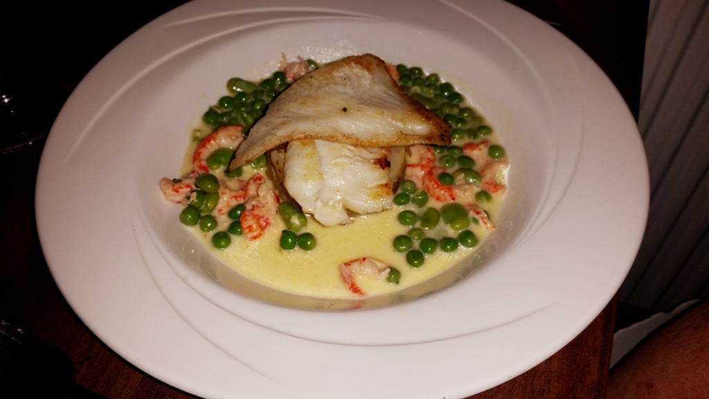 Caradog’s at the Ty Newydd - Mine and my mother's main of Brill, Crayfish, New potato, Butter sauce, Peas, Broad beans
