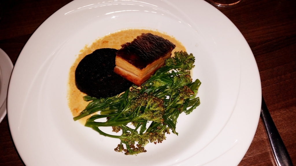 Caradog’s at the Ty Newydd - Greg's main course of Pork belly, Scallop foam, Black pudding, Sprouting broccoli