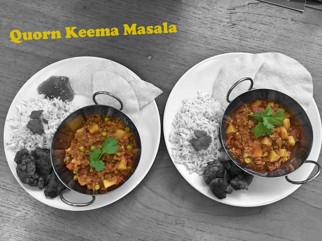 Quorn Keema Masala, boiled rice, poppadoms, pakoras and mango chutney