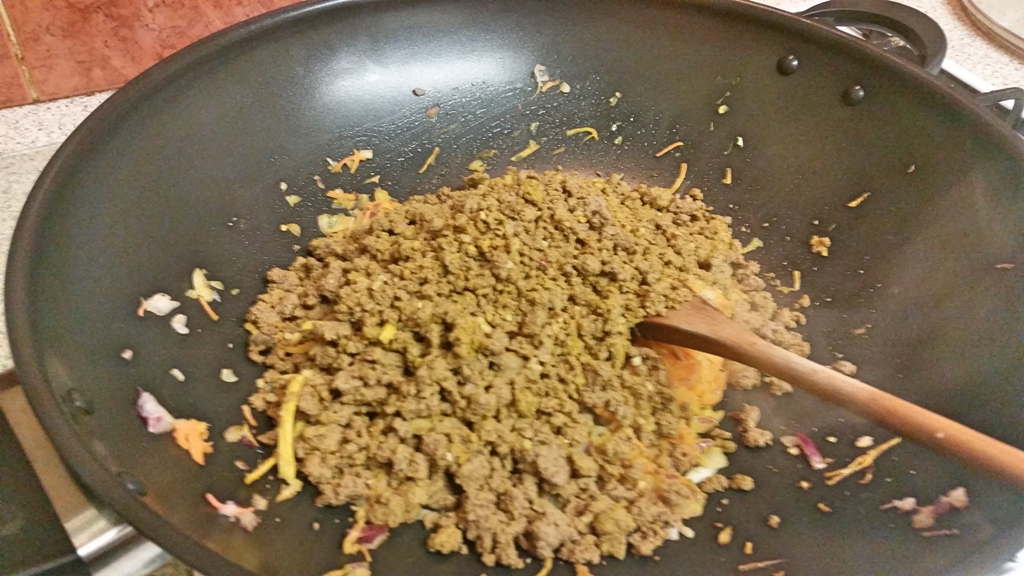 Adding the Quron mix to the pan for my Quorn Keema Masala