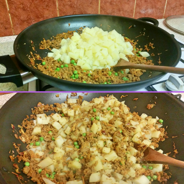 Adding the potatoes to the Quorn Keema Masala