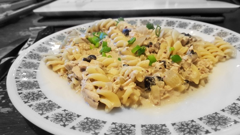 Turkey, Courgette and Mushroom Pasta served and ready to eat