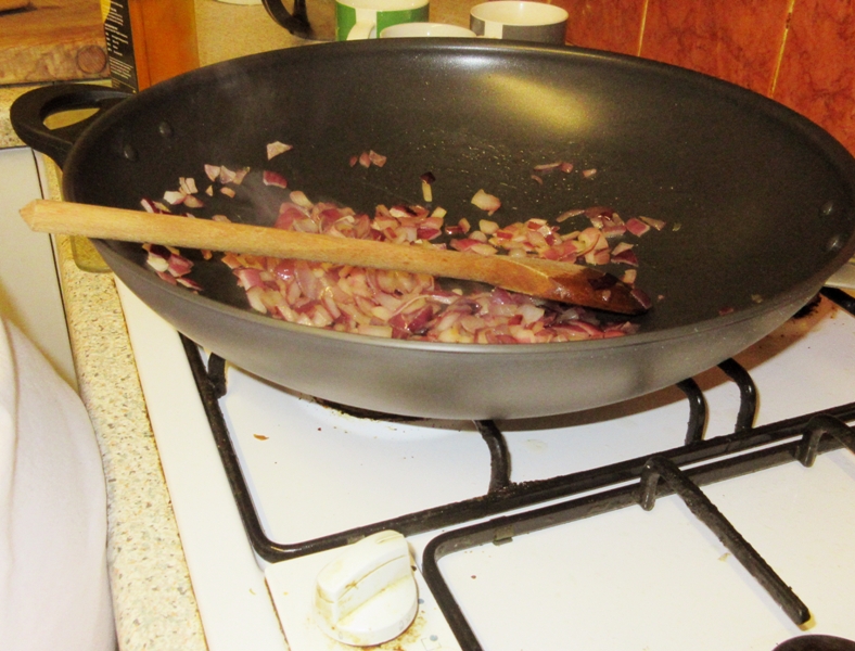 Frying the onions during the cooking of my Wheelie Easy Burritoless Beef Burritos