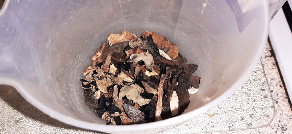 Dried mushrooms being hydrated