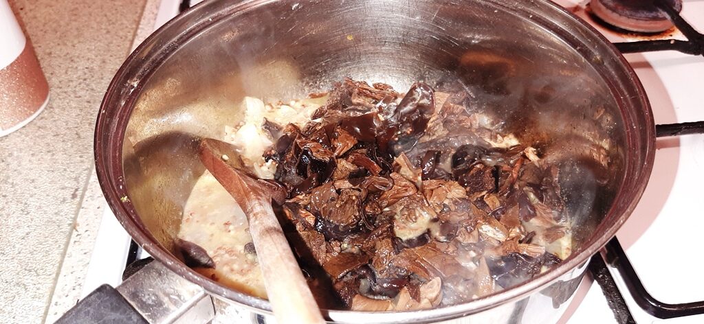 Dried mushrooms added to the sauce