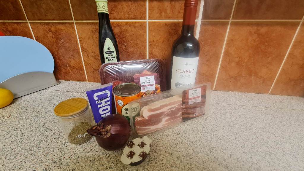 A photograpph of the ingredients used too make Lindsey and Hayleigh's Slow Cooker Beef Bourguignon